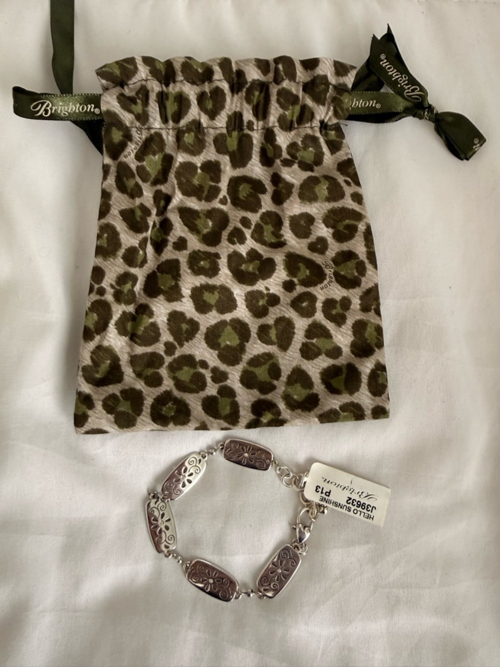 Brighton Silver Floral-Link Bracelet with Leopard Print Pouch